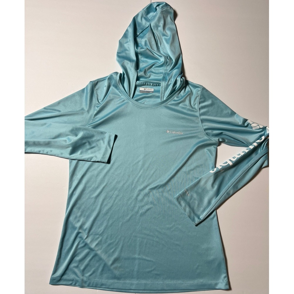 Columbia Sun Shirt Hooded Long Sleeve Medium Blue Omni-Shade Graphic Logo